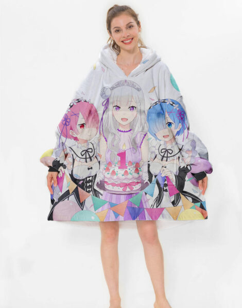 Re Zero Rem Ram Emilia Hoodie Blanket 1